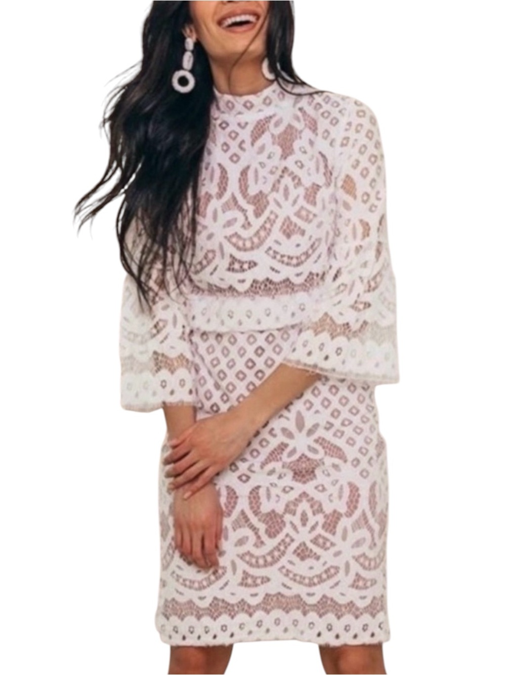 Ivy City Co Lacey White Lace Overlay Midi Sheath Dress MEDIUM